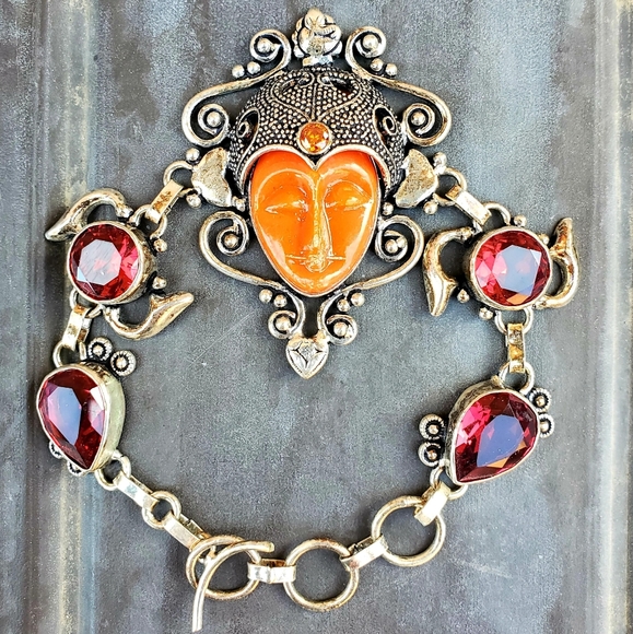 New Carved Goddess Face Multi Gemstone 925 Silver Bracelet. - Picture 1 of 15
